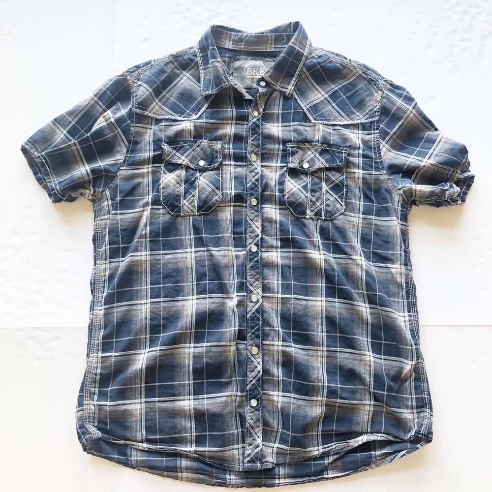 BKE Shirt Mens XL Blue Plaid Western Short Sleeve Pearl Snap Cotton Country